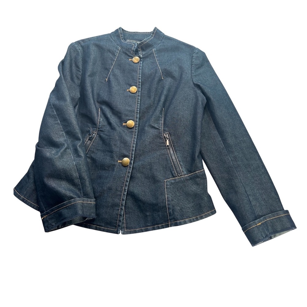 Lafayette 148 Jacket Women 10 Blue Denim Button Front Mock Neck